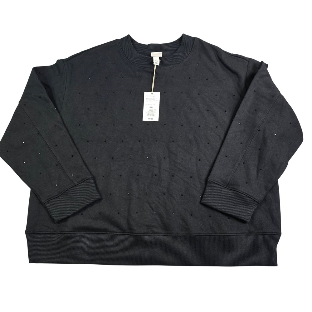 A New Day Sweatshirt Women XXL Black Rhinestone Embellished Crewneck Fleece New